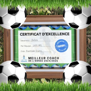 Certificat à imprimer meilleur entraineur de Football France, cadeau entraineur de foot à personnaliser JPG - Carte merci coach club sportif