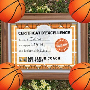 Certificat à imprimer meilleur entraineur Basket-ball France, cadeau entraineur basket à personnaliser JPG - Carte merci coach club sportif