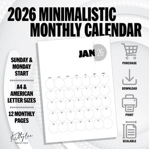 Kalendarz 2026 Minimalistyczny miesięczny planer Poniedziałek Niedziela Start Format A4 i kalendarz US Letter Cyfrowy planer 2026 Natychmiastowe pobieranie cyfrowe