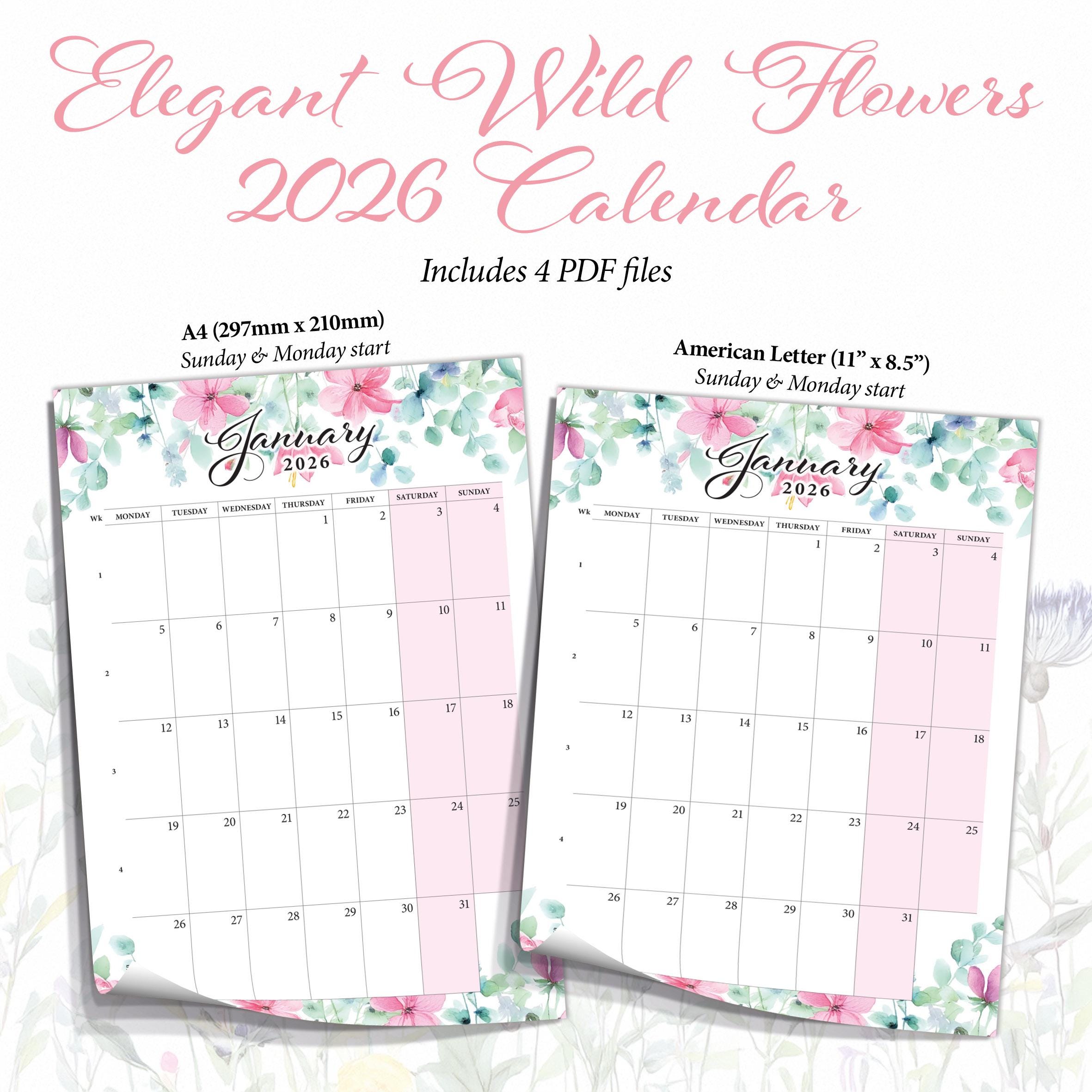 2026 Calendar Wildflowers Monthly Planner Sunday Monday Start A4 Size ...