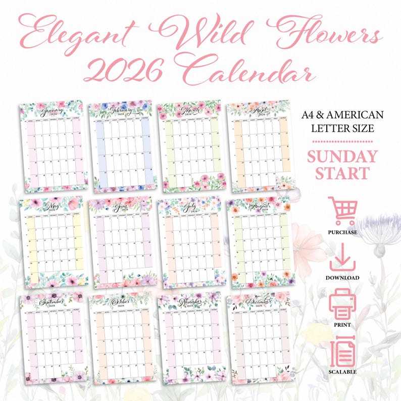 2026 Calendar Wildflowers Monthly Planner Sunday Monday Start A4 Size ...