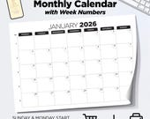 2026 Calendar Printable Monthly Planner Sunday & Monday Start A4 Size and US Letter Calendar Digital Planner 2026 Instant Digital Download