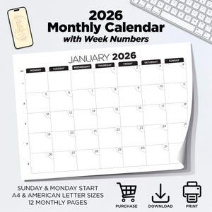 2026 Calendar Printable Monthly Planner Sunday & Monday Start A4 Size and US Letter Calendar Digital Planner 2026 Instant Digital Download