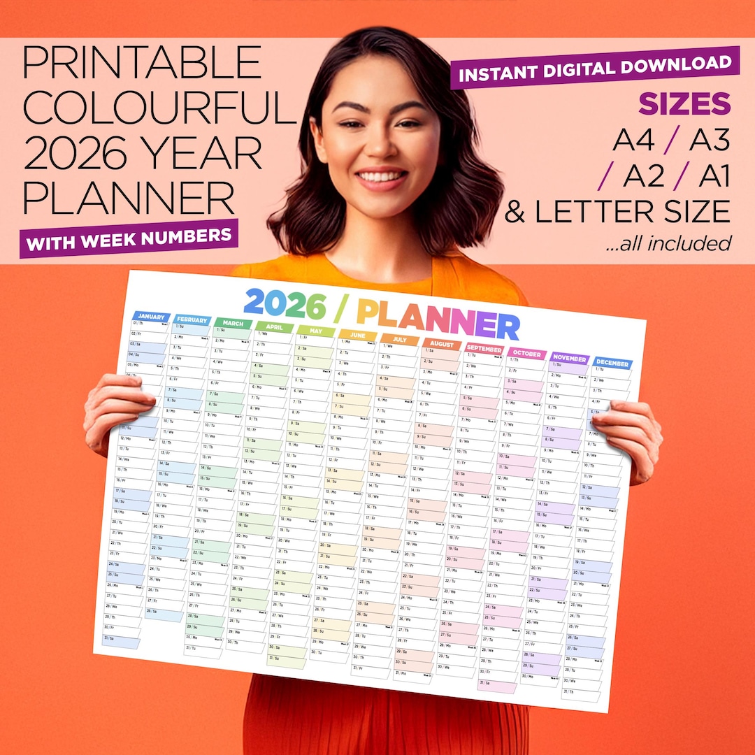 2026 Colorful Yearly Planner Digital Planner Year Planner on 1 Page