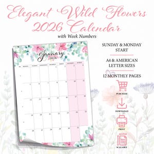2026 Calendar Wildflowers Monthly Planner Sunday Monday Start A4 Size and US Letter Calendar Digital Planner 2026 Instant Digital Download