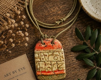 Handmade Ceramic Necklace, Boho-Style Pendant, Artisan Clay Jewelry, Rustic Bohemian Gift for Her