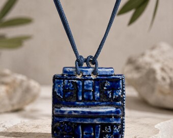 Handmade Ceramic Pendant Necklace – Deep Blue Glaze Amulet – Boho-Style Jewelry