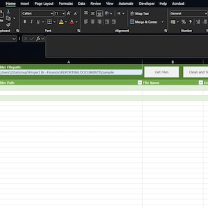 May include: Screenshot of a Microsoft Excel spreadsheet with a dark grey top menu bar. The spreadsheet has green and orange highlighted rows with column headers: Folder Filepath, File Name, Extension, and Desired File Name. Buttons include Get Files, Clean and Trim, and Rename the Files.
