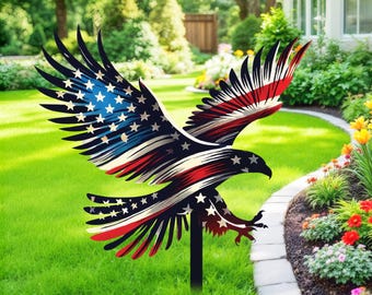 American Eagle Garden Metal Stake,Eagle Garden Sign With American Flag,Gift For Patriotic,Independence Day Gift,Garden Decor