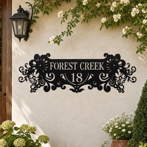 Custom Floral Scroll Metal Address Sign, Personalized House Name & Number Iron Plaque, Outdoor Home Entrance Iron Wall Art