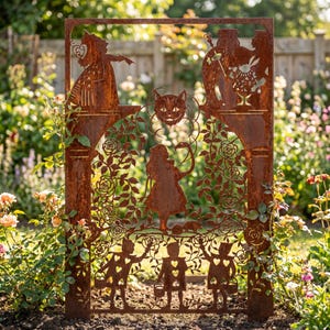 May include: A weathered metal garden screen depicting scenes from Alice in Wonderland. The design features cut-out figures of the Queen of Hearts, Cheshire Cat, Alice, and other characters, set amongst rose and floral motifs.