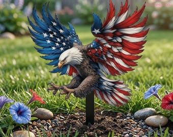 Patriotic American Bald Eagle Garden Metal Stake, USA Flag Feather Eagle Yard Sign, 4th of July Independence Day Decor, Patriotic Gift