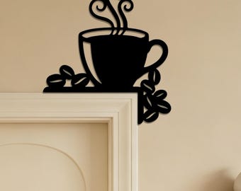 Coffee Themed  Metal Door Corner, Coffee Cup with Steam and Beans Door Framet, Home Kitchen Dining Room Wall Decoration