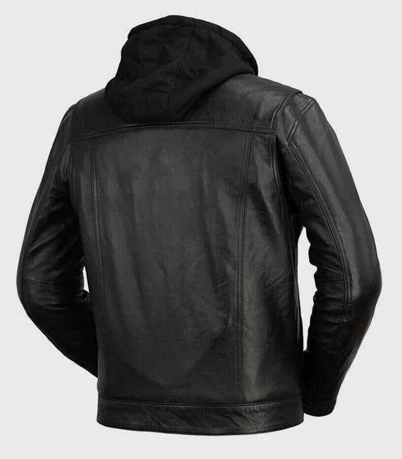 Men's Real Lamb Leather Trucker Jacket Levis Style Removeable Hood