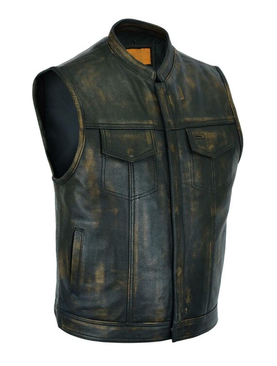 Men’s Distressed Black Leather Vest – Vintage Biker Club Style, Snap & Zip Front, Classic Waistcoat.
