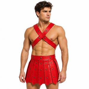 Herr Röd Läder Gladiator Kilt Sele Set Handgjord Romersk Krigare Kostym Medeltida Cosplay Outfit