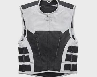 White & Black Leather Herren Motorrad Biker Club Weste für Herren Weste mit Flaggenfutter