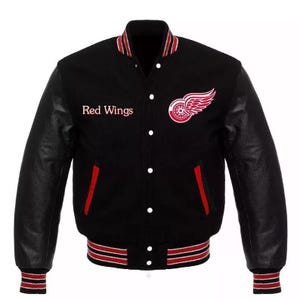 Detroit Red Wings Black Wool & Leather Custom Letterman Vintage Varsity Men's Jacket