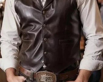 Chaleco de cuero marrón para hombre, hecho a mano, estilo motero - Estilo western