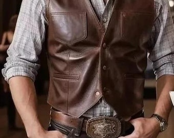 Chaleco de cuero marrón vintage estilo motero, estilo western.