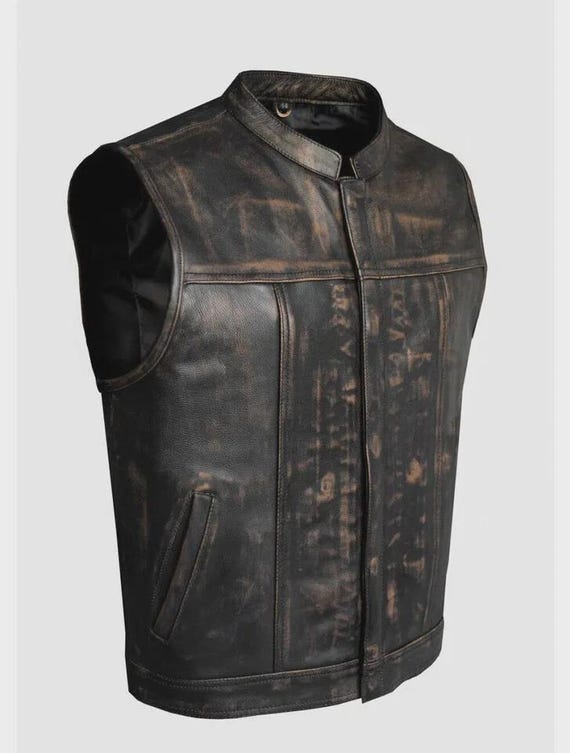 Distressed Brown Leather Men's Motorcycle Biker Club Vest Concealed Pockets Waistcoat Without Front Pockets