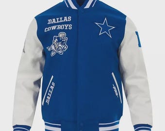 Kurtka baseballowa Dallas Cowboys Varsity w stylu vintage, niebieska wełna i biała skórzana kurtka typu letterman