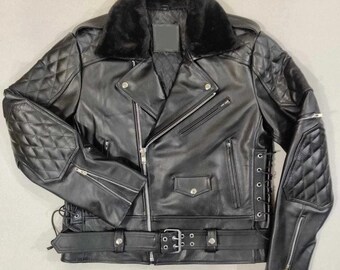 Men's Real Cow Leather Bikers Quilted Jacket Detachable Fur Collar Biker Jacket