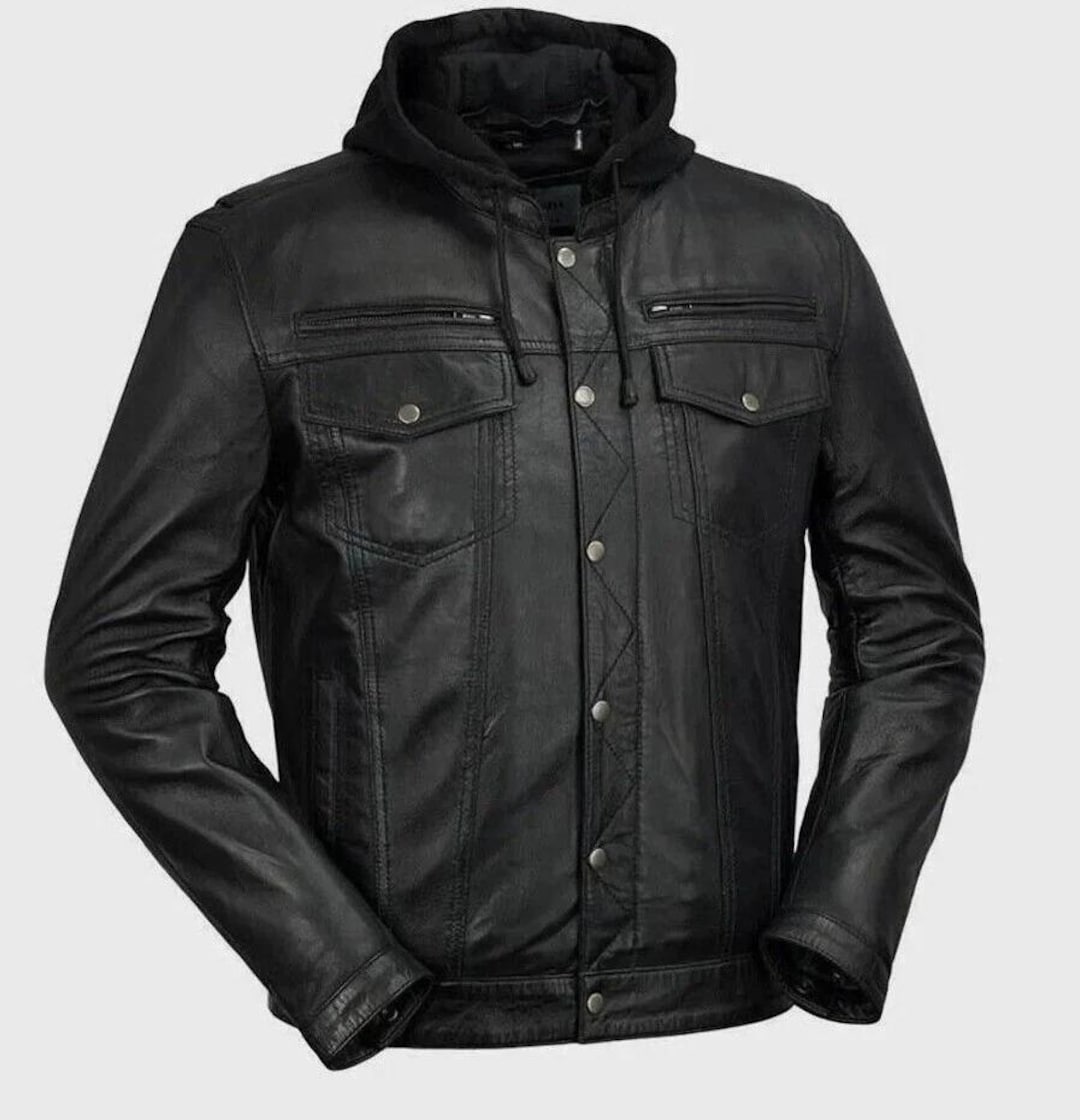 Men's Real Lamb Leather Trucker Jacket Levis Style Removeable Hood