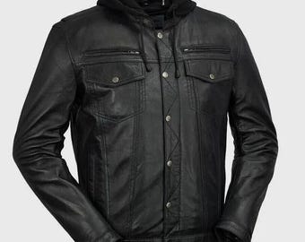 Men's Real Lamb Leather Trucker Jacket Levis Style Removeable Hood