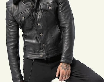 Men's Real Cow Leather Bikers Quilted Jacket Detachable Fur Collar Biker Jacket