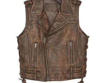 Distressed Brown Leather Men's Motorcycle Biker Club Vest Side Laces Waistcoat