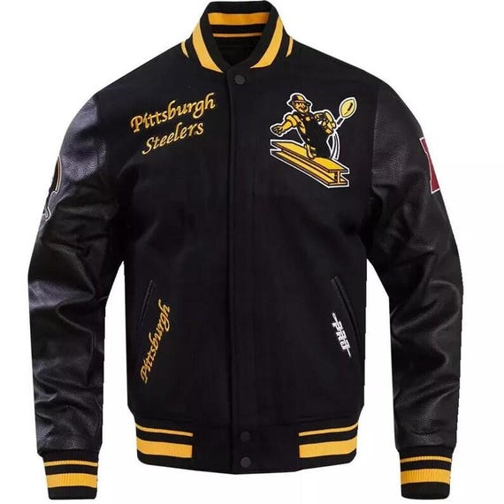 Pittsburgh Steelers Black Wool & Leather Handmade Men's Bomber