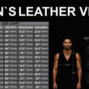 May include: Black leather vest with a size chart and measurement guide. The chart includes chest, shoulder, and back length measurements in inches and centimeters. A man models the vest, showing chest and length measurements.