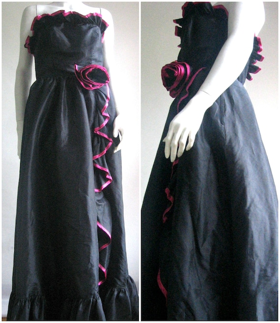 70s Party Dress/Black Gown/Pink