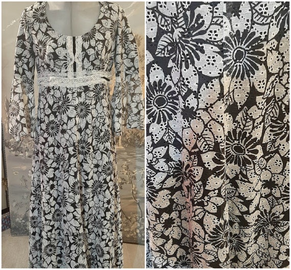 70s floral black and white dress