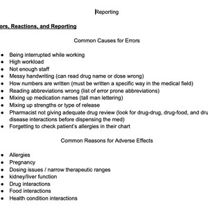 May include: A white sheet of paper with black text outlining common causes for errors and adverse effects in reporting. The text includes examples such as being interrupted while working, high workload, messy handwriting, and mixing up medication names.