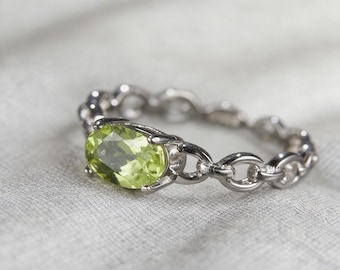 Anillo de plata 925 con eslabones de cadena de peridoto - Anillo ajustable