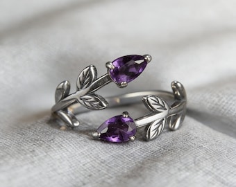 Anillo ajustable de plata 925 con forma de hoja de diópsido y amatista