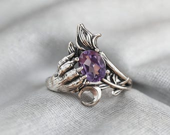 Anillo ajustable de plata 925 con amatista y luna natural