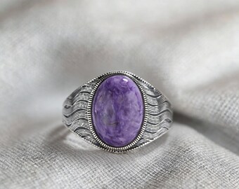 Anillo ajustable bohemio con sello de plata 925 y ondas de charoita