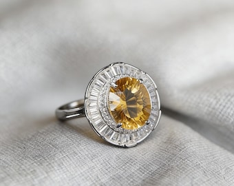 Anillo ajustable de plata 925 con halo de citrino y baguette