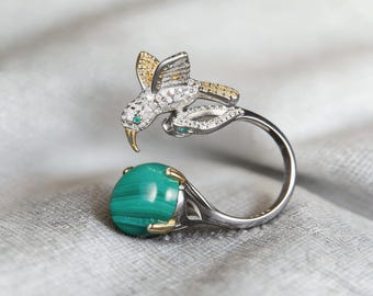 Anillo ajustable de plata 925 con malaquita y colibrí