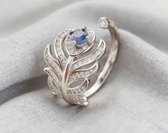 Anillo ajustable de plata 925 con pluma de zafiro