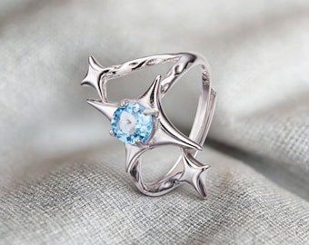 Anillo ajustable de plata 925 con aguamarina Starburst