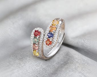 Anillo arcoíris ajustable de plata 925 con gemas multicolores