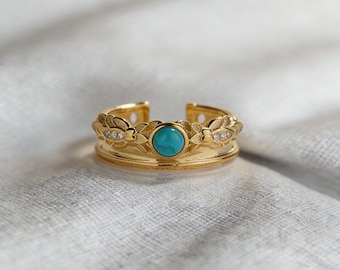 Anillo ajustable chapado en oro con hoja turquesa - Anillo ajustable