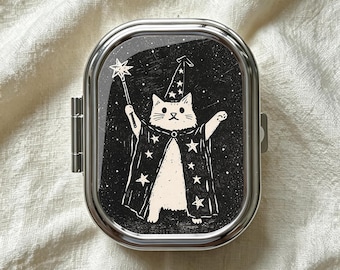 Wizard Cat Smal Pill Box, Medicine Container, Travel Pill Box, Vitamins Holder, Trinket Box