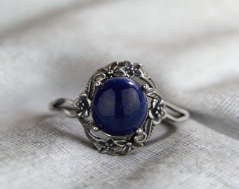 Anillo retro ajustable de plata 925 con diseño floral de lapislázuli