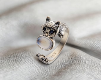 Anillo ajustable vintage de plata 925 con piedra lunar y gato de la suerte