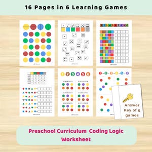 May include: A set of 16 pages in 6 learning games titled Preschool Curriculum Coding Logic Worksheet. The pages feature colorful circles, dice patterns, number grids, shape sequences, and logic puzzles, plus an answer key with a yellow key icon.